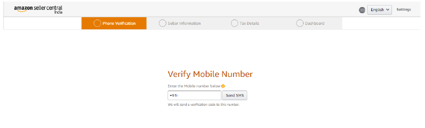 Amazon Seller Account- Verify Mobile Number Screen